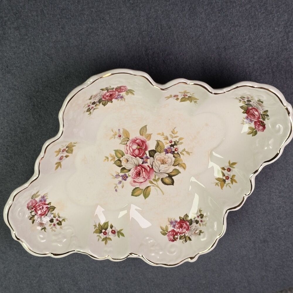 Vintage James Kent Old Foley Scalloped Porcelain Dish Pink Roses Gold Trim - Picture 4 of 12